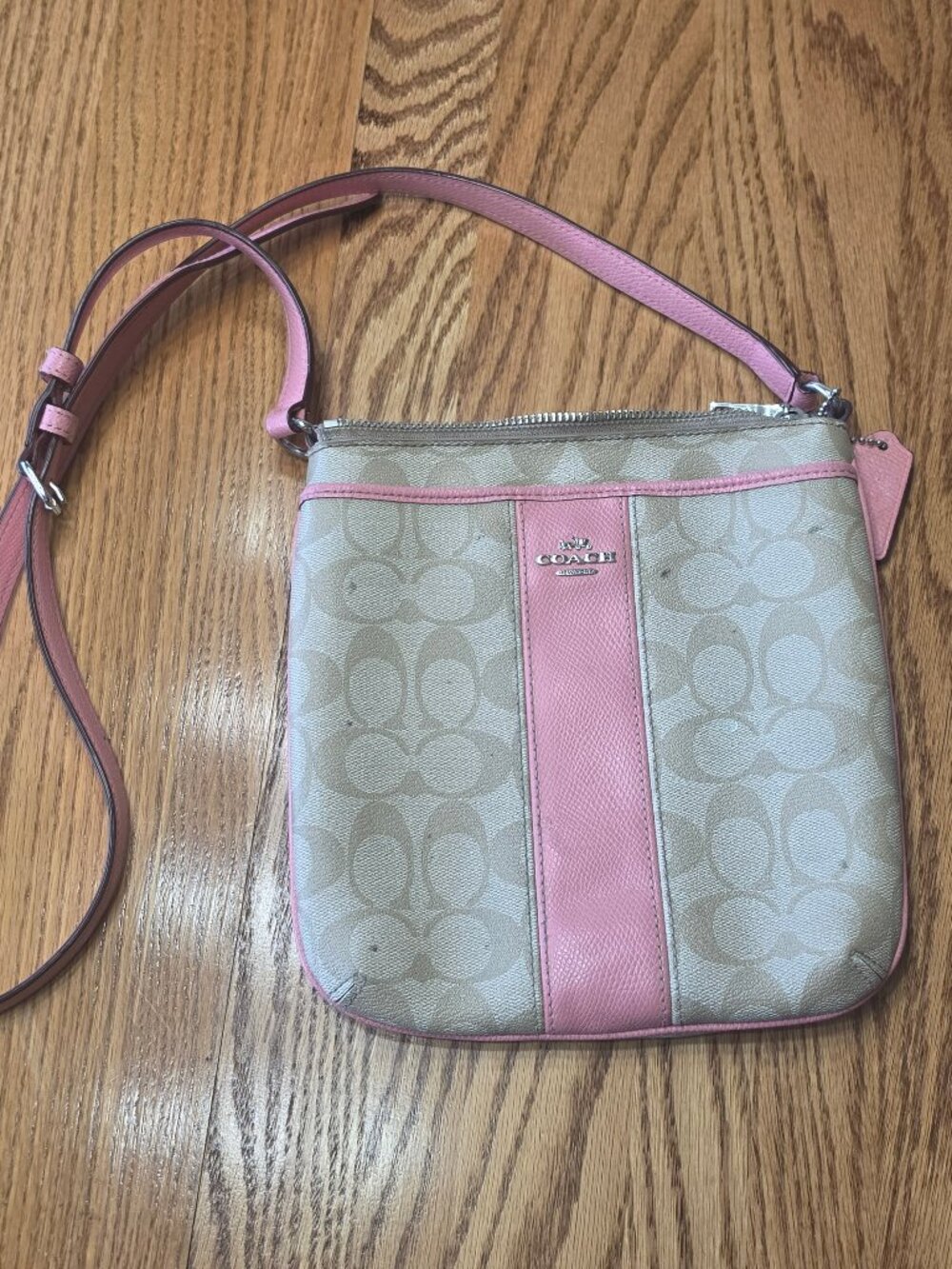 Coach F52856 PVC Leather North South Crossbody Stripe Swingpack Light Khaki/Pink